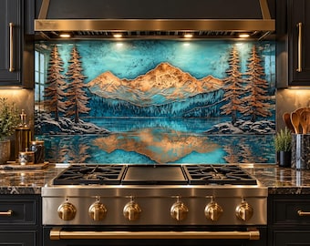 Copper Mountain Glass Backsplash, Tempered Glass Kitchen Backsplash Behind Stove, Turquoise Lake Pine Forest Stove Panel, Rustic Decor