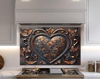 Heart Copper Design Kitchen Backsplash, Tempered Glass Backsplash,  Kitchen Splashback, Wall Decor, Shatterproof, Behind Stove Cover