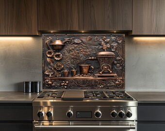 Tempered Glass Kitchen Backsplash, Rustic Copper Effect, Kitchen Decor, Heat-Resistant, Wall Decor, Filter Coffe Cup Design, Behind Stove