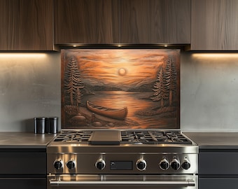 Tempered Glass Kitchen Backsplash, Rustic Sunset by the Lake Copper Effect, Kitchen Decor, Heat-Resistant, Wall Decor, Behind Stove