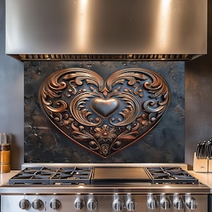 Heart Copper Design Kitchen Backsplash, Tempered Glass Backsplash,  Kitchen Splashback, Wall Decor, Shatterproof, Behind Stove Cover