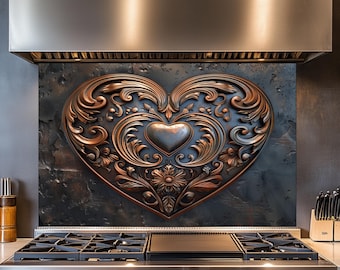 Heart Copper Design Kitchen Backsplash, Tempered Glass Backsplash,  Kitchen Splashback, Wall Decor, Shatterproof, Behind Stove Cover