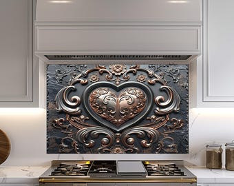 Heart Copper Design Kitchen Backsplash, Tempered Glass Backsplash,  Kitchen Splashback, Wall Decor, Shatterproof, Behind Stove Cover