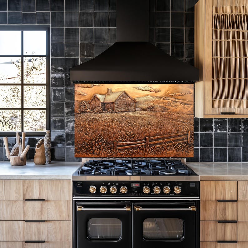 Farmhouse Copper Look Kitchen Backsplash, Tempered Glass Backsplash ...