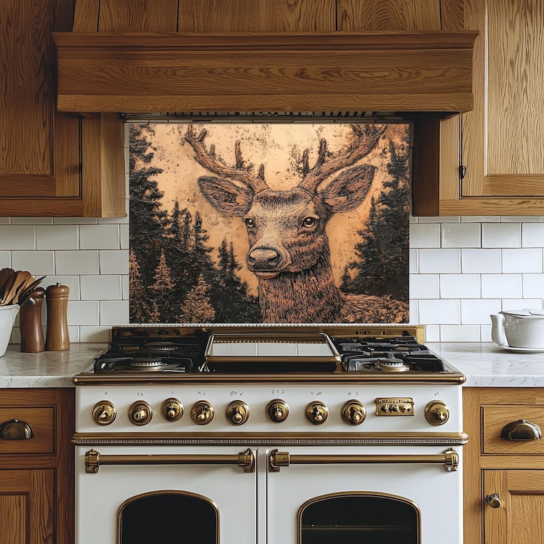 A Majestic Deer Kitchen Backsplash, Tempered Glass Backsplash Behind ...