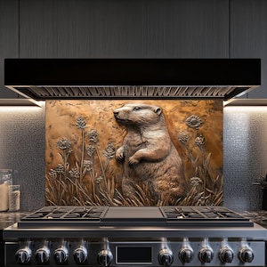Prairie Dog Decor Kitchen Backsplash, Tempered Glass Backsplash, Copper Design Kitchen Backsplash Behind Stove Tempered Glass ,Rustic Stove