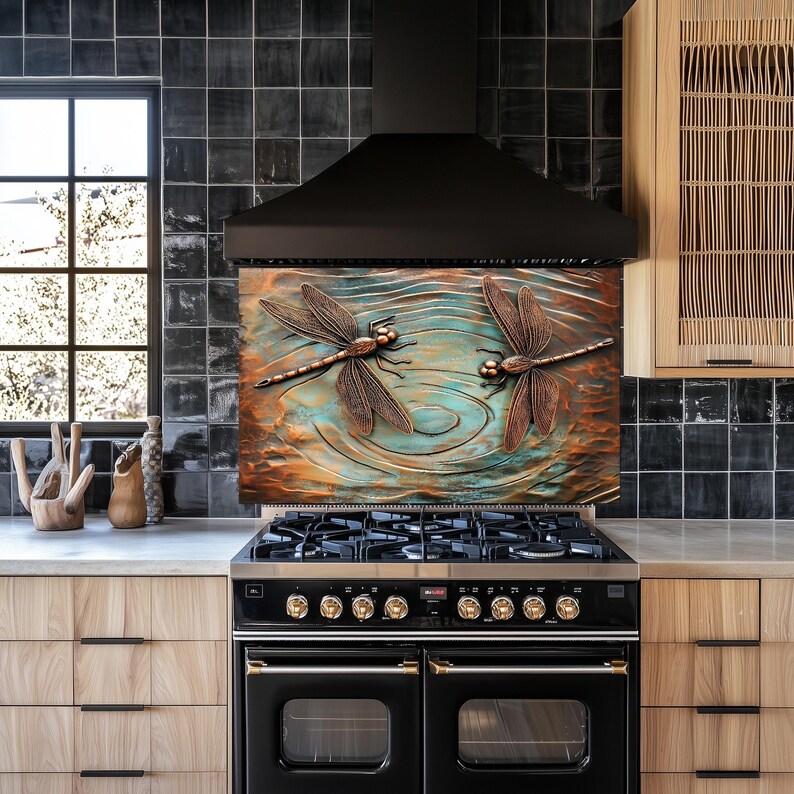 Horkey Kitchen Two Dragonflies Circling Design Kitchen Backsplash, Full Moon, Tempered ...