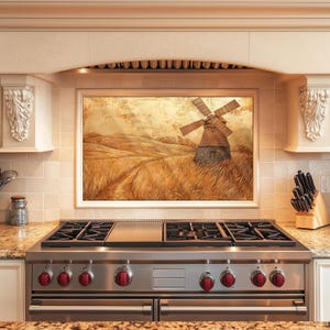 Old Fashioned Windmill Kitchen Backsplash, Tempered Glass Backsplash, Copper Design Kitchen Backsplash Behind Stove Tempered, Rustic Stove