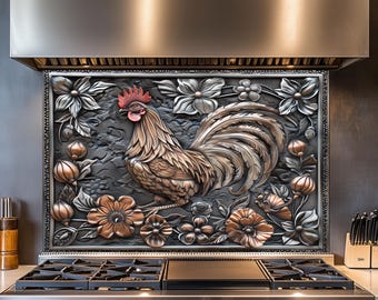 Rooster Kitchen Backsplash, Tempered Glass Backsplash Behind Stove, Wall Decor, Copper Design Kitchen Backsplash , Shatterproof, Rustic