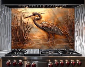 Heron Design Kitchen Backsplash, Tempered Glass Backsplash, Copper Design Kitchen Backsplash Behind Stove Tempered Glass ,Rustic Decor