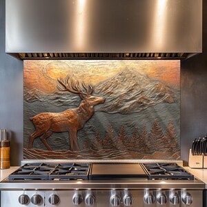 Deer and Nature Design Kitchen Backsplash, Tempered Glass Backsplash, Copper Design Kitchen Backsplash Behind Stove Tempered Glass ,Rustic