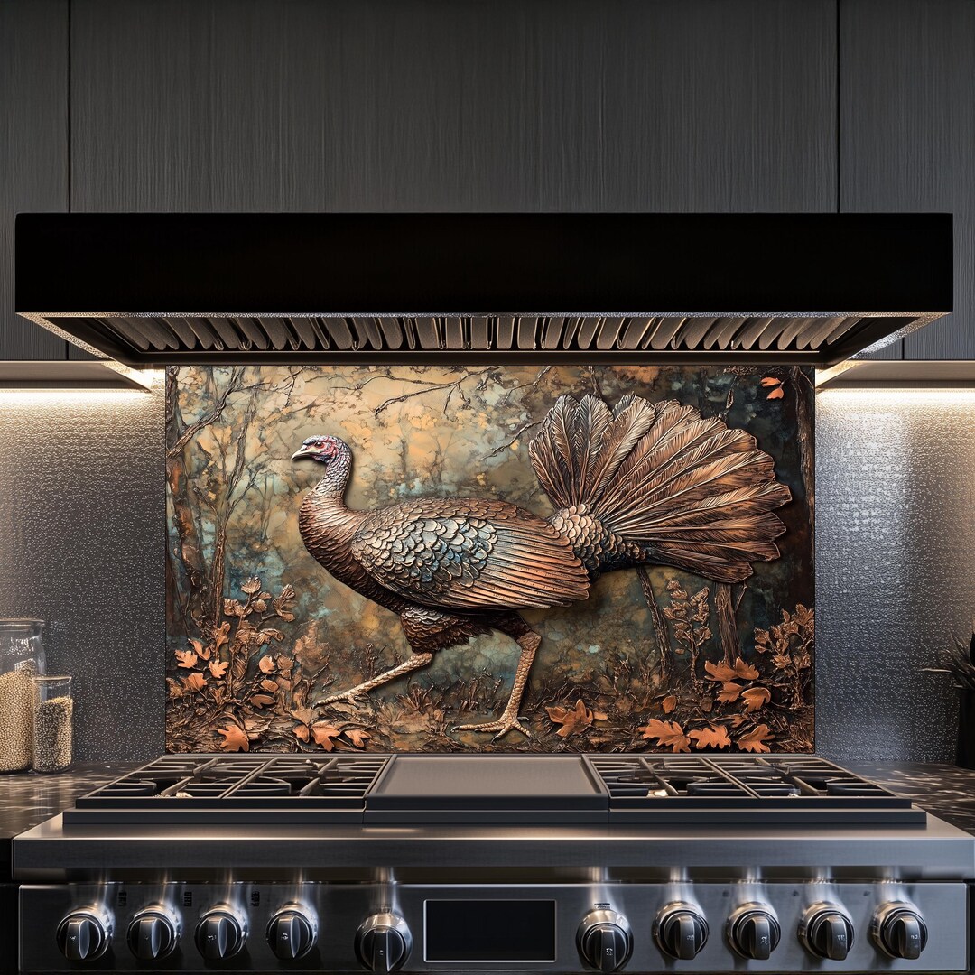 A Wild Turkey Strutting Through a Forest Kitchen Backsplash, Tempered ...