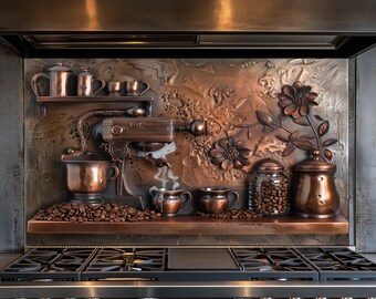 Tempered Glass Kitchen Backsplash, Rustic Coffee Time Copper Effect, Kitchen Decor, Heat-Resistant, Wall Decor, Behind Stove