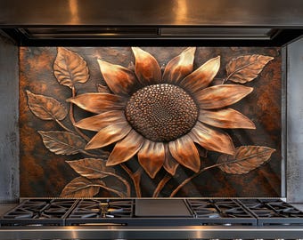 Vibrant Sunflower with Large Petals Kitchen Backsplash, Tempered Glass Backsplash, Copper Design Kitchen Backsplash Behind Stove Tempered Gl