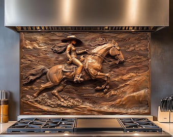 Tempered Glass Kitchen Backsplash, Rustic Copper Effect, Kitchen Decor, Heat-Resistant, Wall Decor, Lonely Cowgirl in Desert, Behind Stove