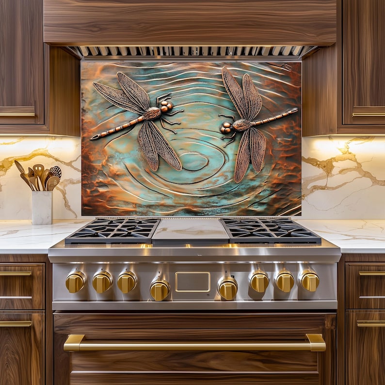 Two Dragonflies Circling Design Kitchen Backsplash, Full Moon, Tempered ...