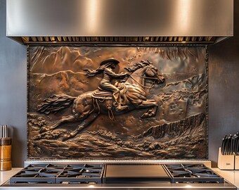 Tempered Glass Kitchen Backsplash, Rustic Copper Effect, Kitchen Decor, Heat-Resistant, Wall Decor, Lonely Cowgirl in Desert, Behind Stove