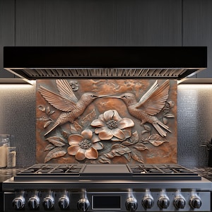 Hummingbirds Decor Kitchen Backsplash, Tempered Glass Backsplash, Copper Design Kitchen Backsplash Behind Stove Tempered Glass ,Rustic Stove