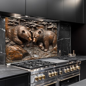 Bears and Nature Design Kitchen Backsplash, Tempered Glass Backsplash, Copper Design Kitchen Backsplash Behind Stove Tempered Glass , Rustic