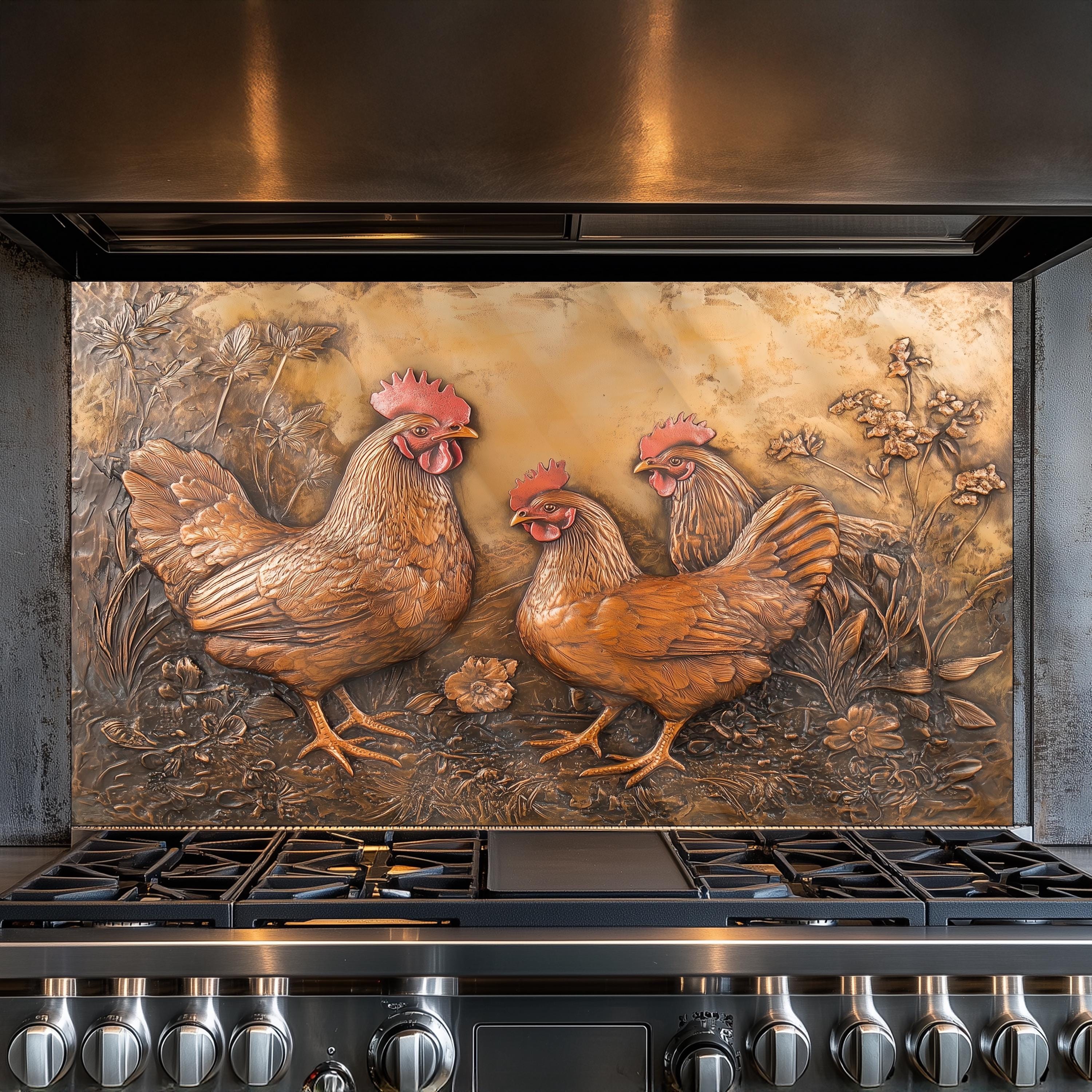 Kitchen Backsplash Tempered Glass, Roosters and Hens Copper Design ...