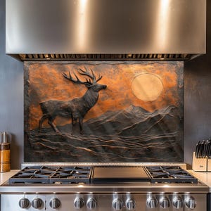 Deer and Nature Design Kitchen Backsplash, Tempered Glass Backsplash, Copper Design Kitchen Backsplash Behind Stove Tempered Glass ,Rustic