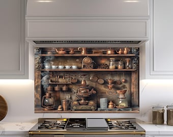 Tempered Glass Kitchen Backsplash, Rustic Copper Effect, Kitchen Decor, Heat-Resistant, Wall Decor, Filter Coffe Cup Design, Behind Stove