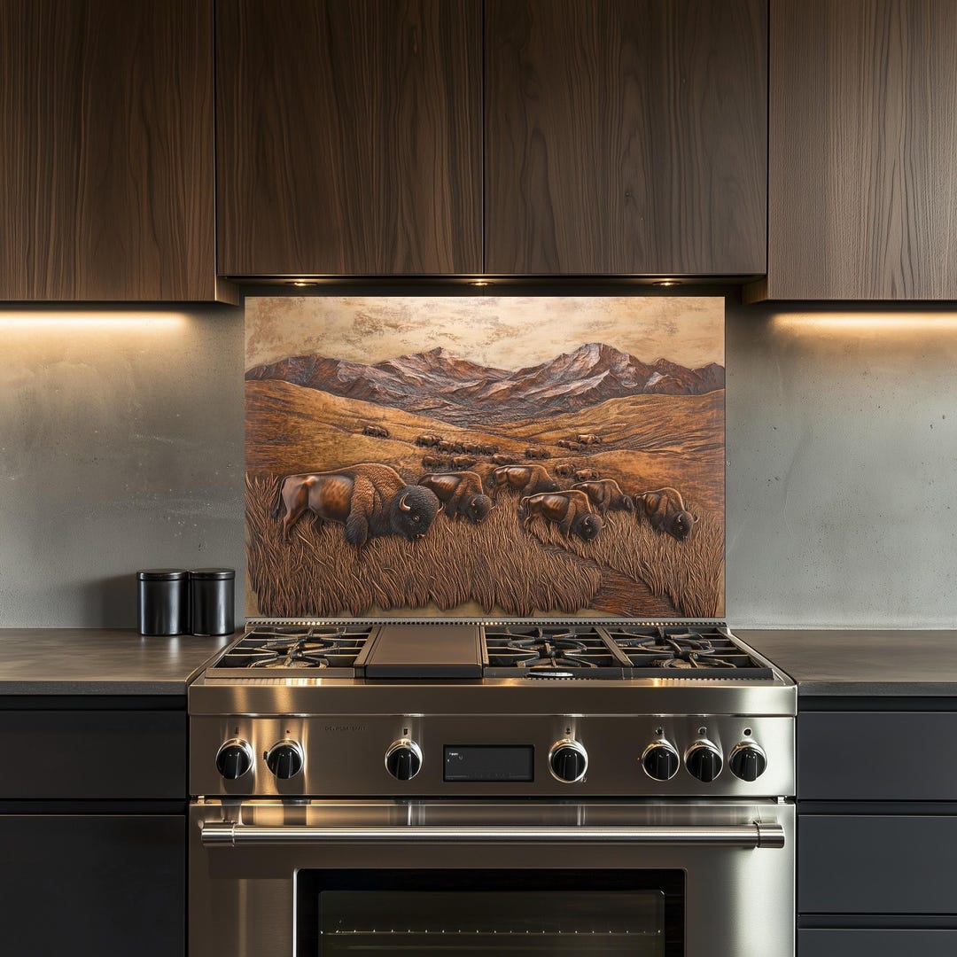 A Herd of Bison Kitchen Backsplash, Tempered Glass Backsplash Behind ...