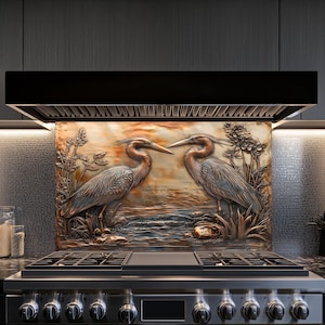 Herons Kitchen Backsplash, Tempered Glass Backsplash, Copper Design Kitchen Backsplash Behind Stove Tempered Glass ,Rustic Stove