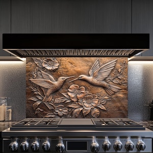 Salpicadero de cocina con diseño de colibríes, salpicadero de vidrio templado, salpicadero de cocina con diseño de cobre detrás de la estufa de vidrio templado, estufa rústica