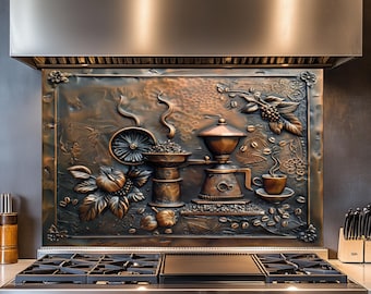 Tempered Glass Kitchen Backsplash, Rustic Copper Effect, Kitchen Decor, Heat-Resistant, Wall Decor, Filter Coffe Cup Design, Behind Stove