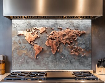 Tempered Glass Kitchen Backsplash, Rustic Copper Effect, Kitchen Decor, Heat-Resistant, Wall Decor, World Map, Behind Stove