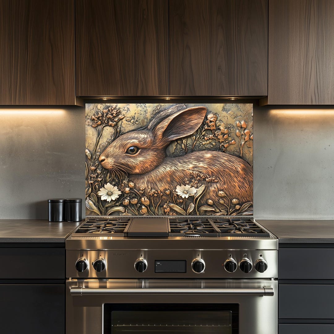 A Little Rabbit in the Flowers Kitchen Backsplash, Tempered Glass ...
