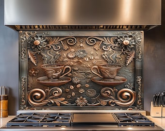 Kitchen Backsplash, Tempered Glass Backsplash, Luxury Coffee Couple, Behind Stove, Copper Design Kitchen Splashback, Wall Decor,Shatterproof