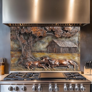 Cows on the Farm Kitchen Backsplash, Tempered Glass Backsplash, Copper Design Kitchen Backsplash Behind Stove Tempered Glass ,Rustic Stove