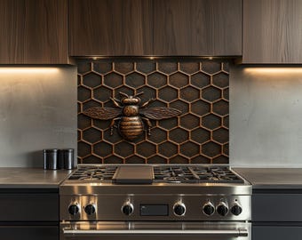 Tempered Glass Kitchen Backsplash, Rustic Bee Copper Effect, Kitchen Decor, Heat-Resistant, Wall Decor, Behind Stove