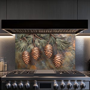 May include: A kitchen backsplash with a relief of pine cones and branches. Four copper-coloured pine cones hang from green pine needles against a mottled background. The artwork is installed above a stainless steel gas range, adding a natural element to the kitchen.