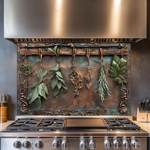 May include: A kitchen backsplash with a bronze relief depicting hanging herbs. The design has a rustic, aged look with a copper and teal patina. Various green herbs are suspended from a wooden beam, adding a natural element to the kitchen design. The backsplash is above a gas hob.