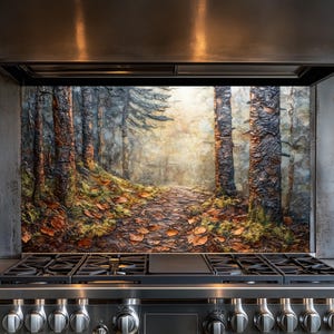 Foggy Forest Trail with Soft Light Backsplash, Tempered Glass Backsplash, Copper Design Backsplash, Behind Stove Glass, Splashback, Rustic