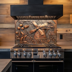 A Rustic Windmill Kitchen Backsplash, Tempered Glass Backsplash, Copper Design, Kitchen Backsplash Behind Stove Tempered Glass, Rustic Stove