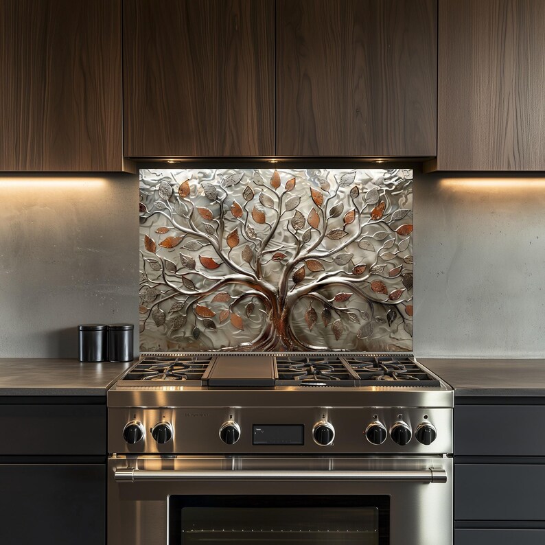 Kitchen Backsplash Silver Embossing Tree of Life Artwork, Tempered ...