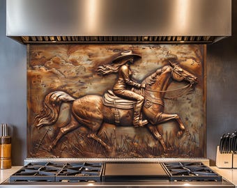 Cowgirl Kitchen Backsplash, Tempered Glass Backsplash Behind Stove, Wall Decor, Copper Design Kitchen Backsplash , Shatterproof, Rustic