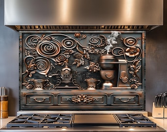 Kitchen Backsplash, Tempered Glass Backsplash, Luxury Coffee Corner Behind Stove, Copper Design Kitchen Splashback, Wall Decor, Shatterproof