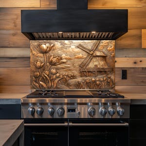 A Rustic Windmill Kitchen Backsplash, Tempered Glass Backsplash, Copper Design, Kitchen Backsplash Behind Stove Tempered Glass, Rustic Stove