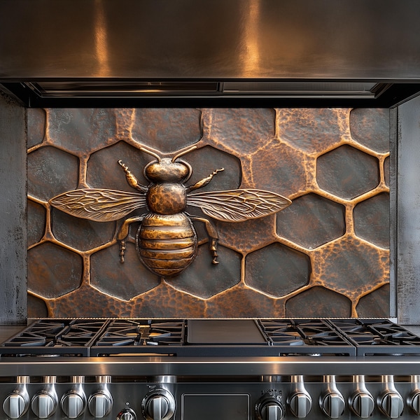 Single Bee on a Hexagonal Honeycomb Kitchen Backsplash, Tempered Glass Backsplash, Copper Design, Kitchen Backsplash Behind Stove Tempered