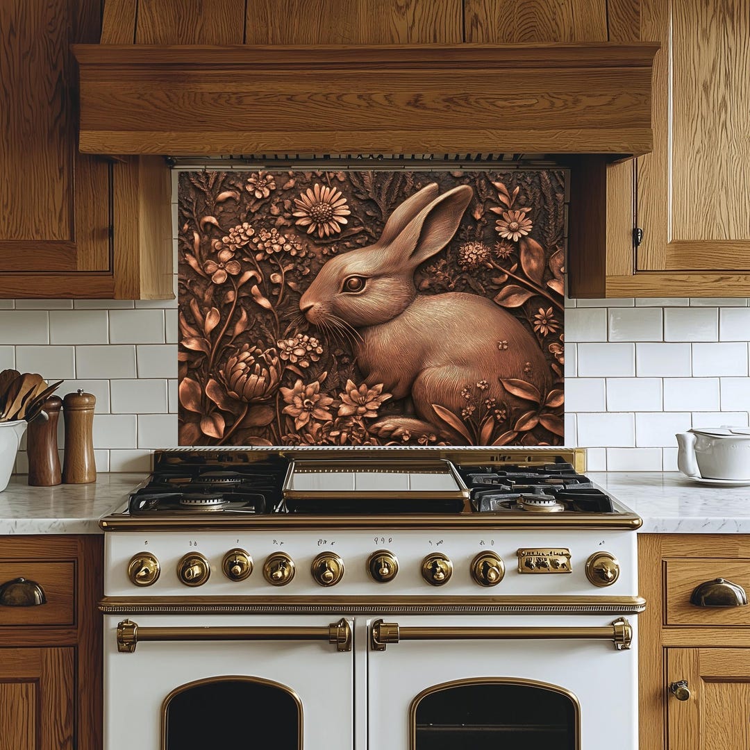 A Little Rabbit in the Flowers Kitchen Backsplash, Tempered Glass ...