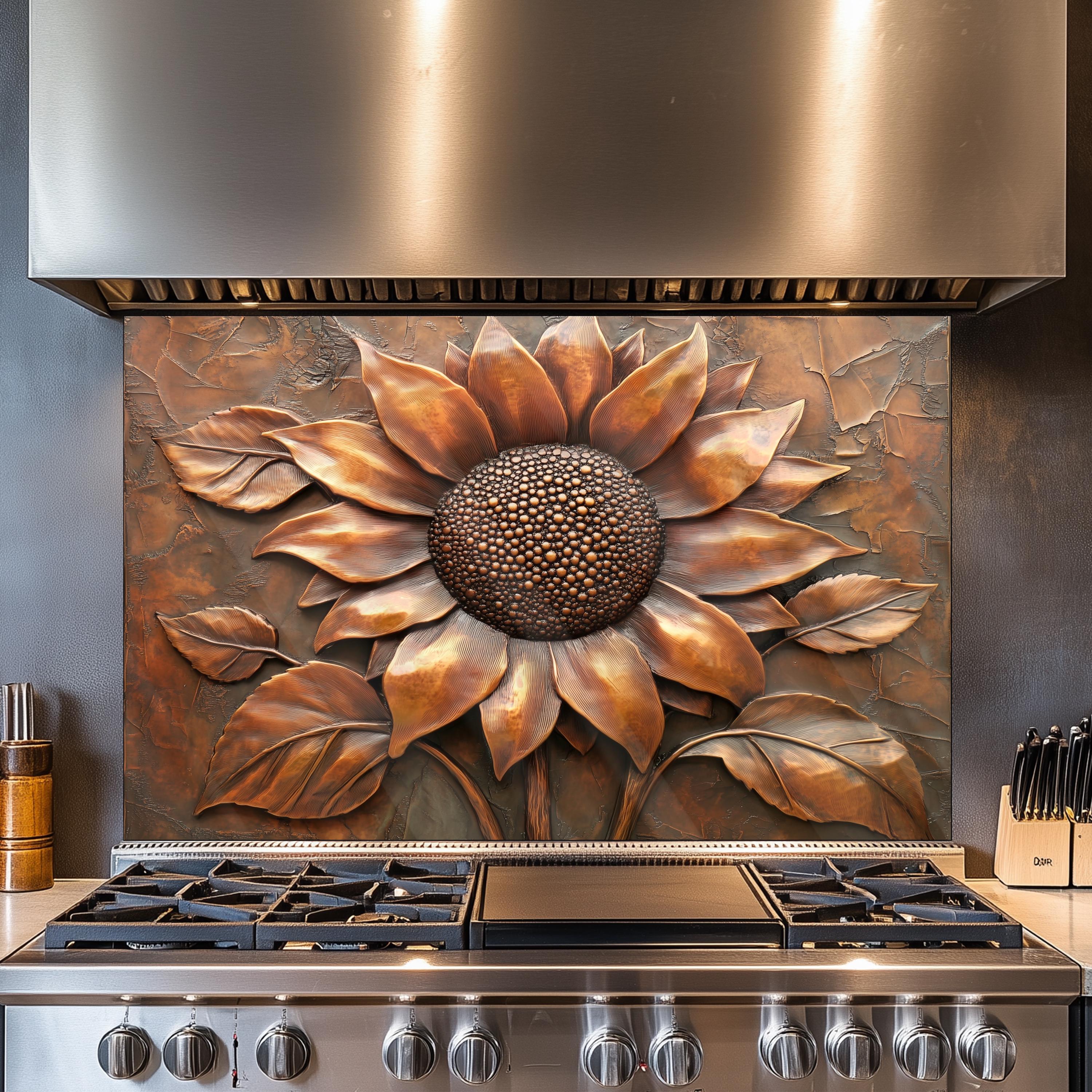 Vibrant Sunflower with Large Petals Kitchen Backsplash, Tempered Glass Backsplash, Copper Design Kitchen Backsplash Behind Stove Tempered Gl