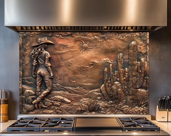 Tempered Glass Kitchen Backsplash, Rustic Copper Effect, Kitchen Decor, Heat-Resistant, Wall Decor, Lonely Cowgirl in Desert, Behind Stove