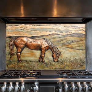 A horse in a Field Kitchen Backsplash, Tempered Glass Backsplash, Copper Design Kitchen Backsplash Behind Stove Tempered Glass ,Rustic Decor