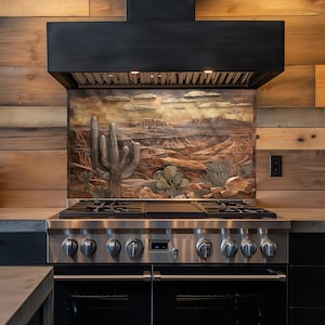 Cactus and Canyon Kitchen Backsplash, Tempered Glass Backsplash, Copper Design Kitchen Backsplash Behind Stove Tempered Glass ,Rustic Stove