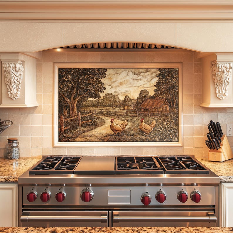 Rust Kitchen Splashback Farmhouse Garden With Chickens Roaming Backsplash, Tempered Glass ...
